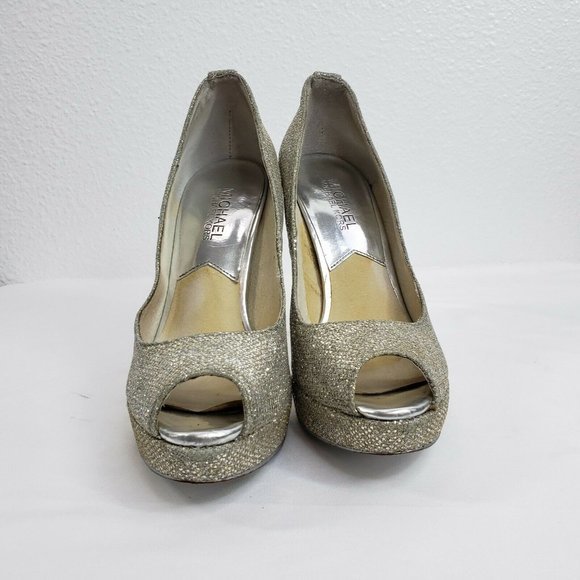 Michael Kors Peep Toe Slip‎ On Pumps Gold Silver Women Size 6 M Platform Heels - Picture 4 of 12